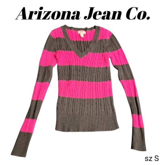 Arizona Jean Company Pink & Grey V Neck Ribbed Stretch Comfy Sweater - Picture 1 of 5
